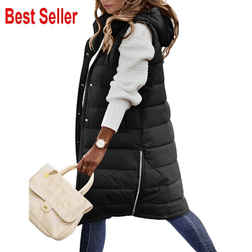 Women's Long Puffer Vest Hooded Sleeveless Quilted Jacket Warm Winter Outerwear